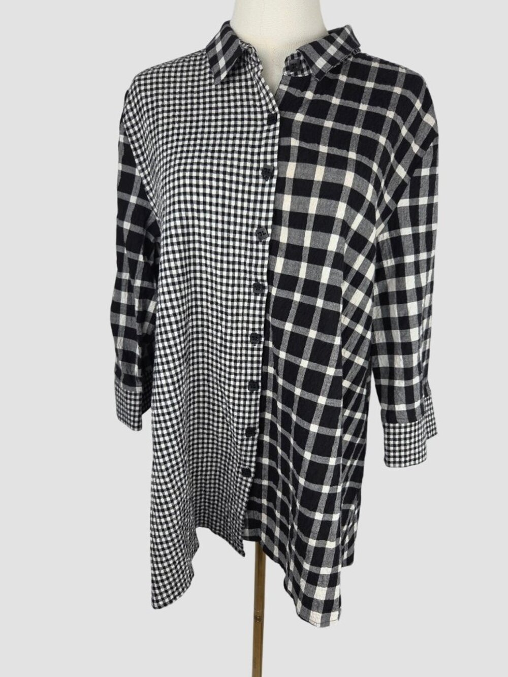 Habitat Mixed Gingham Plaid Asymmetric Boyfriend Tunic Top XL Lagenlook B &‎ W